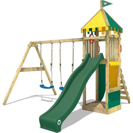 WICKEY Speeltoestel voor tuin Smart Brave met schommel en groene glijbaan, Houten speeltuig, Speeltoren voor buiten met zandbak en klimladder voor kinderen