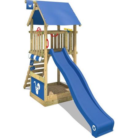 WICKEY Speeltoestel voor tuin Smart Club met blauwe glijbaan, Houten speeltuig, Speeltoren voor buiten met zandbak en klimladder voor kinderen