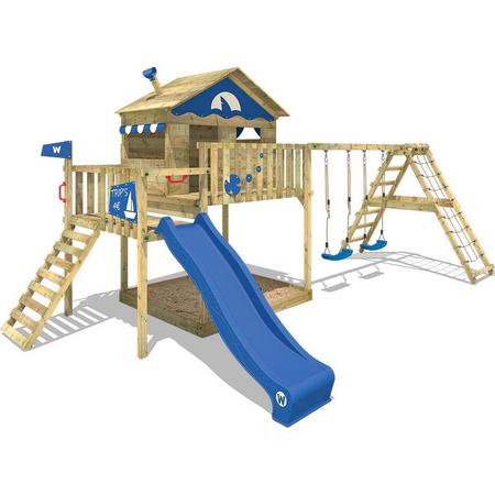 WICKEY Speeltoestel voor tuin Smart Ocean met schommel en blauwe glijbaan, Houten speeltuig, Speelhuis voor buiten met zandbak en klimladder voor kinderen