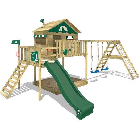 WICKEY Speeltoestel voor tuin Smart Ocean met schommel en groene glijbaan, Houten speeltuig, Speelhuis voor buiten met zandbak en klimladder voor kinderen