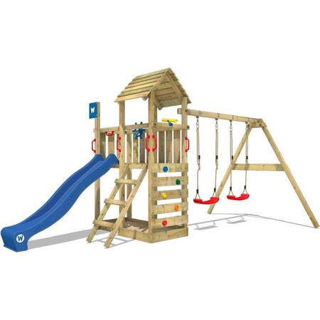 WICKEY Speeltoestel voor tuin Smart Rival met schommel en blauwe glijbaan, Houten speeltuig, Speeltoestel voor buiten met zandbak en klimladder voor kinderen