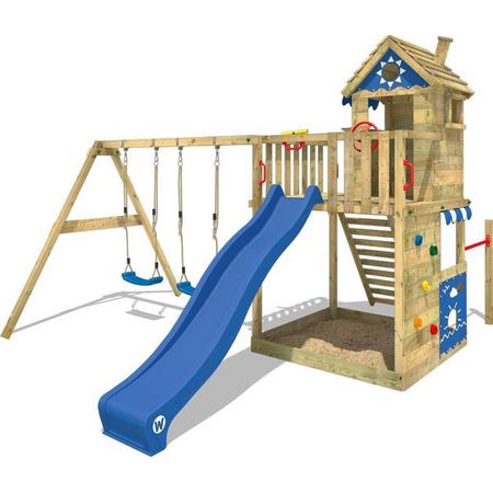 WICKEY Speeltoestel voor tuin Smart Sand met schommel en blauwe glijbaan, Houten speeltuig, Speeltoren voor buiten met zandbak en klimladder voor kinderen