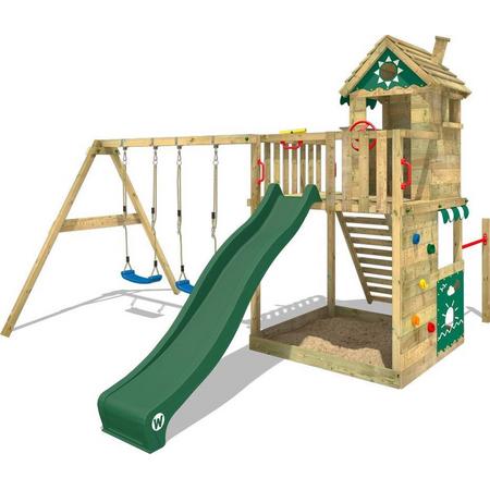 WICKEY Speeltoestel voor tuin Smart Sand met schommel en groene glijbaan, Houten speeltuig, Speeltoren voor buiten met zandbak en klimladder voor kinderen