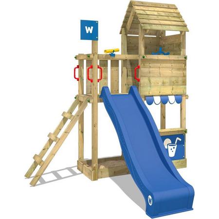 WICKEY Speeltoestel voor tuin Smart Sparrow met blauwe glijbaan, Houten speeltuig, Speeltoren voor buiten met zandbak en klimladder voor kinderen