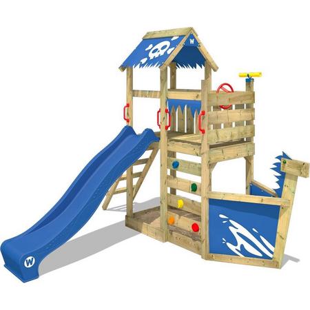 WICKEY Speeltoestel voor tuin SpookyFlyer met blauwe glijbaan, Houten speeltuig, Klimtoestel voor buiten met zandbak en klimladder, Speelhuis voor kinderen