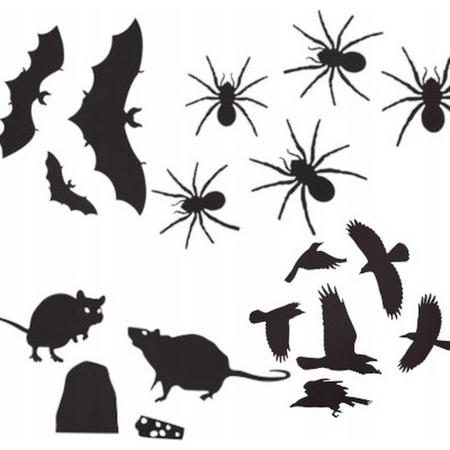 48x Halloween Muurgriezels Zwart - Vleermuizen - Ratten - Kraaien - Spinnen Muurdecoratie Raamdecoratie Halloween