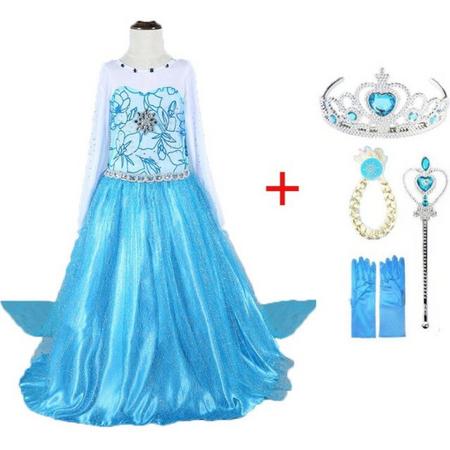 Frozen Elsa - Jurk en set voor Meisjes - Prinsessen - Verkleedkleding - Kinderkostuum - 10-11 jaar - 140-146 - Blauw