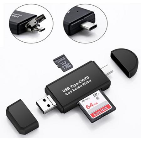 Kaartlezer - 4 in 1 Card Reader - Micro USB Naar USB, SD & Micro SD - Multifunctionele Kaartlezer - USB 2.0 - Type C USB - Kaartreader - Zwart