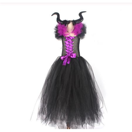WiseGoods - Maleficent Kostuum - Jurk en set voor Meisjes - Prinsessen - Verkleedkleding - Kinderkostuum - 10-11 jaar - 140-146 - Zwart