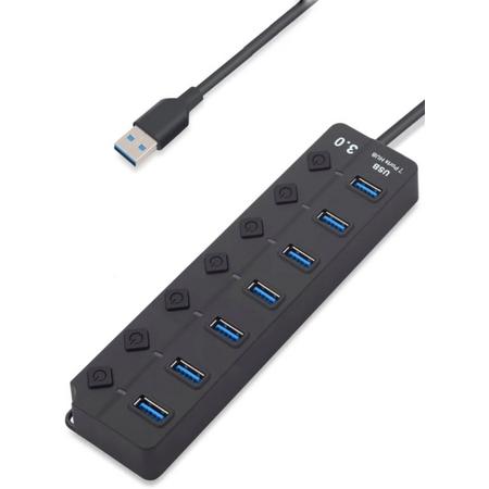 WiseGoods - Premium Hoge Snelheid USB 7 Poort 3.0 Hub - High Speed adapter - Multi Oplaadadapter - Led Verlichting - 7 Poorten Afzonderlijke aan/uit Knopjes - Zwart