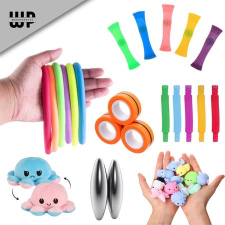 Wonderprice - Fidget Toys - 24 Stuks - Monkey Noodles - Mesh Marble - Snake Eggs - Magneet Ringen - Squishy Mochi - Pop Tubes