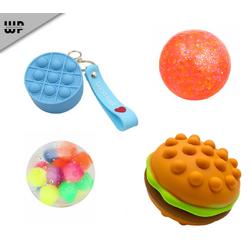 Wonderprice Set van 4 - Mesh Ball Glitter - Pop it Tasje sleutelhanger - Dna Ball squish bal - Hamburger Pop it met led - fidget pakket 4 stuks - squishy