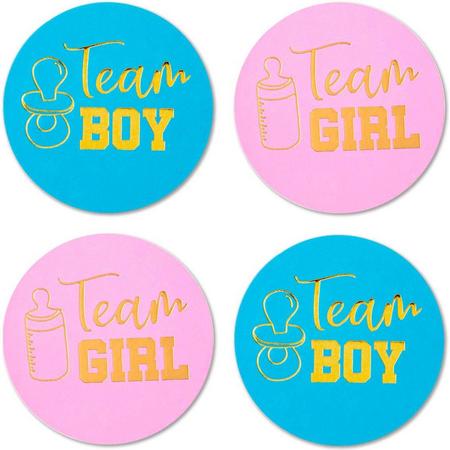 Gender Reveal -  Sluitstickers Team boy/girl - 24 Stuks! - 4 cm - Geboorte Sticker - Sluitzegel - Babyshower - Baby nieuws - Zwangerschap - Luxe Sluitzegel - Geboortesticker - Cadeau - Roze - Blauw