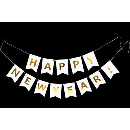 Happy New Year Slinger – Banner – Letterbanner - Oud En Nieuw Versiering – Feest Decoratie – NYE Vlaggenlijn Voor Binnen En Buiten – Jaarwisseling 2022 – Nieuwjaar Party - Letterslinger Wit Goud –
