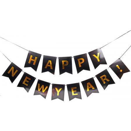 Happy New Year Slinger – Banner –  Letterbanner - Oud En Nieuw Versiering – Feest Decoratie – NYE Vlaggenlijn Voor Binnen En Buiten – Jaarwisseling 2022 – Nieuwjaar Party - Letterslinger Zwart Goud –