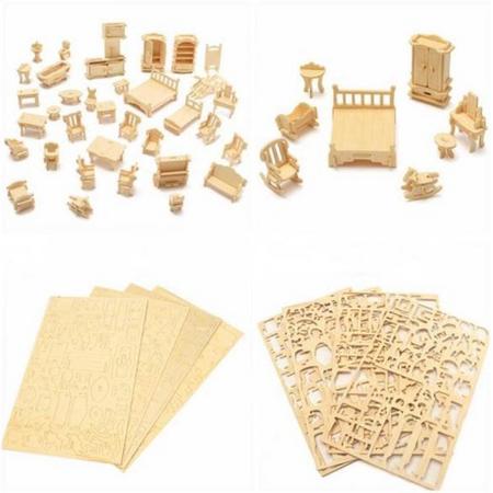 Houten poppenhuis meubels - 34 stuks - 175 onderdelen - Puzzel - 3D - DIY
