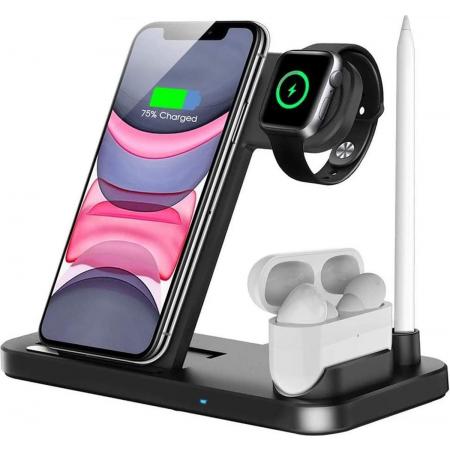 4in1 Oplaadstation - Draadloos - Oplaaddock - Qi Charger Dock - Lader Apple Iphone - Lightning - Apple Watch – Apple Airpods - Android - Samsung USB-C - Micro USB - Laadstation - Laaddock - Qi gecertificeerd - Draadloze Qi lader