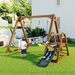 Dubbele schommel voor kinderen- Stevige kinderschommel met glijbaan en klimladder-outdoor schommel frame massief hout-schommel frame-238.5x240x168.9cm