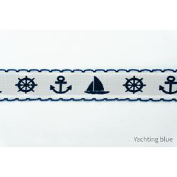 Geweven sierband -  blauw bootjes band - fournituren - lengte 3 meter - anker - stuurwiel - zeilboot - lint - stof - afwerkband - katoenen band - naaien - decoratieband -