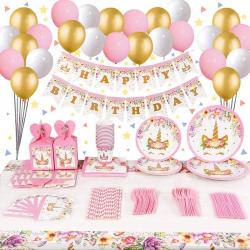 Yar - Unicorn Thema Verjaardag Decoratie Versiering – Feestpakket met ballonnen - Taart decoratie - Slingers - Vlaggenlijn - Kinderfeestje Meisje
