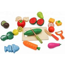 Houten Speelgoed fruit en groenten - 17 delig - Mét snijplank en houten messenset - Speelgoed keuken accessoires - Speelgoed eten en drinken