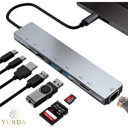 YURDA 8 IN 1 USB C Hub - 3x USB 3.0 - USB-C Oplader - SD / TF kaartlezers - 4k HDMI - Docking station - 5 Gbps - Ethernet - USB C naar HD TV - Grijs - Aluminium