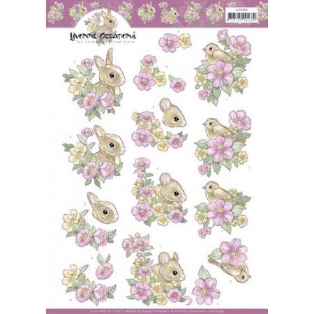 3D Cutting Sheet - Yvonne Creations - Pink flowers and Animals
