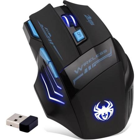draadloze muis Wireless Mouse, 2,4 GHz 7 toetsen 2400dpi blauw LED optische gamer muis draadloos muizen voor notebook, PC, Mac, laptop (zwart)