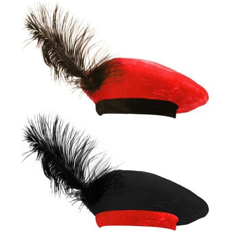 Luxe Zwarte Piet kinder muts met veer - zwart met rood - pietenmuts baret struisvogelveer pietenmutsje kindermuts