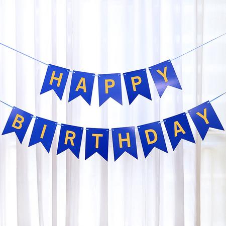 BORVAT Happy Birthday - Blauwe achtergrond en gouden letters - 250 cm - 15 * 12 cm - Verjaardagsfeestje voor kinderen - Vlaggen