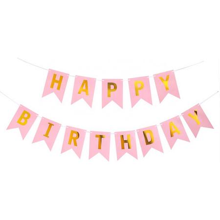 BORVAT Happy Birthday Achtergrond - Roze en Gouden Letters - 250 cm - 15 * 12 cm - Verjaardagsfeestje Kinderen - Vlaggen