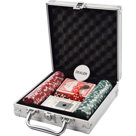 Poker set met aluminum koffer - 100 poker chips - pokerkoffer - 5 dobbelstenen