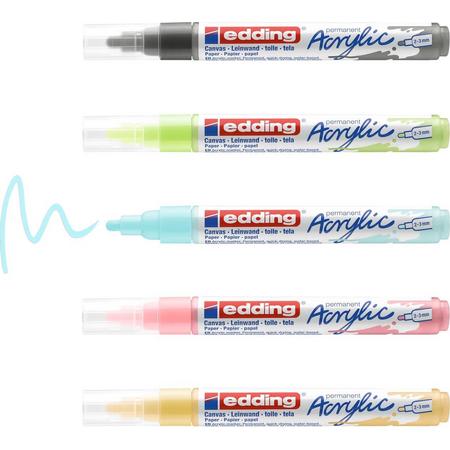 edding 5100 acrylmarker medium - set met 5 acrylkleuren (pastel): grijs, bleekrood, geel, blauw, groen - medium ronde punt, 2-3 mm