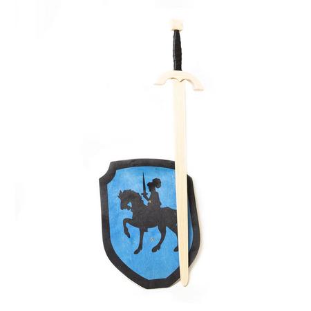 Houten roofridder zwaard met ridderschild blauw ridder op paard