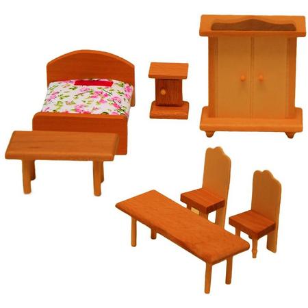 Poppenhuis meubilair Set Slaapkamer Doll Furniture Houten Doll House Meubilair accessoires bruin