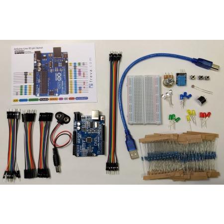 Arduino-compatible starter kit: UNO R3 board, breadboard, jumper wires, LEDs, weerstanden, …