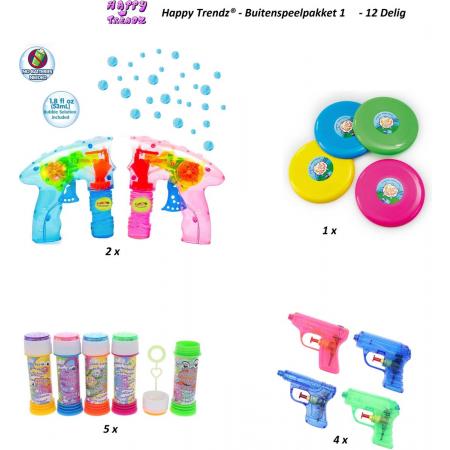 Buitenspeelpakket Happy Trendz®  12 - Delig totaal -  waterspuit - Frisbee - Bubbles - ZOMER 2022 PAKKET - Shooter - Bellenblaas - Spelletjes - Zomerpakket Groepsfun -