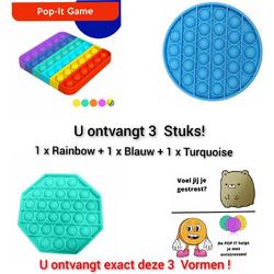 Happy Trendz Fidget Toy Pop it Super Pakket 3 STUKS - Regenboog Vierkant - Blauw Rond -  Hexagon Turqoise- Tiktok - Popper - Speelgoed - Pad