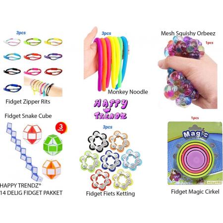 Happy Trendz® // Fidget Toys Super pakket 14 Delig - Rek - Strek - Schuif - Knijp -  Stressbal - Tangle - Totaal 14 Fidgets
