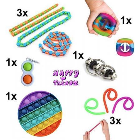 Happy Trendz® Fidget Toys Pakket - Set met 10 verschillende Fidget Toys: Wacky Tracks, Simple Dimple, Pop It Fidget, Flippy Chain, Monkey Noodles, Snapperz Rainbow