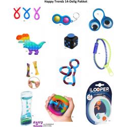Happy Trendz® Fidget Toys Pakket - Set met 14 verschillende top  Fidget Toys: Fidget Cube , Dino Pop It , Snapperz , Simple Dimple , Loopy Looper , Monkey Noodles, Mesh Marble , Rits Zipper , Vloeibare zandloper , Lava zandloper