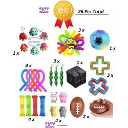 Happy Trendz®  fidget toys pakket - 26 Toys Set - Fidget Cube - Fidget Pop It - mesh marble - Noodle - Squishy - Bean Boon -  Best Seller Box