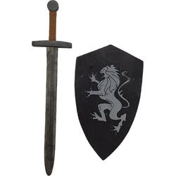 Houten Zwarte Ridder zwaard met ridderschild Leeuw kinderzwaard