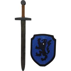 Houten Zwarte Ridder zwaard met ridderschild blauw leeuw kinderzwaard ridderzwaard