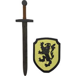 Houten Zwarte Ridder zwaard met ridderschild geel leeuw kinderzwaard ridderzwaard
