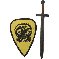Houten Zwarte Ridder zwaard met ridderschild geel met draak kinderzwaard schild