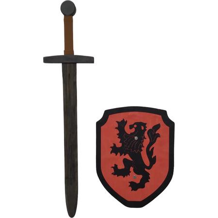 Houten Zwarte Ridder zwaard met ridderschild rood leeuw kinderzwaard ridderzwaard