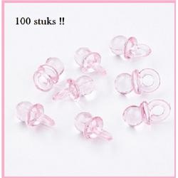 Acryl hangers: roze baby speentjes van 20x10mm, het rijggat is 5mm. Per 100 stuks!!