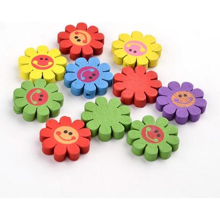 Houten kralen, leuke bloemenkralen in een mooie kleurenmix, afmetingen 23x4mm, rijggat 2mm. Verkocht per 50 stuks.