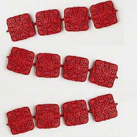 Natuurstenen kralen, handgesneden rood Cinnabar, plat vierkante kralen van 40x40mm. Verkocht per streng van 4 stuks